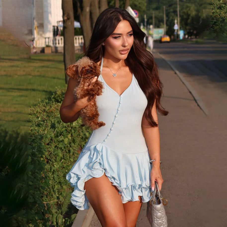 Damen Sportliches Kleid mit Rüschen und tiefem V-Ausschnitt WW