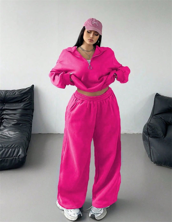 Damen Sportliches und lässiges Fleece-Set mit halbem Reißverschluss WW