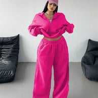 Damen Sportliches und lässiges Fleece-Set mit halbem Reißverschluss WW