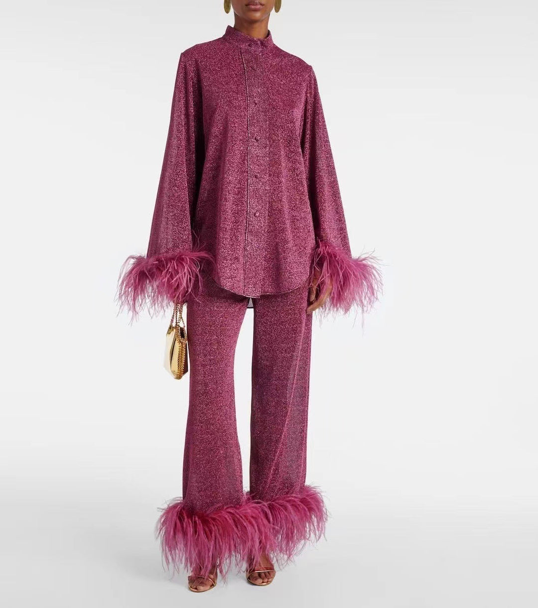 W&W Mode | Herbst Winter Feder Stehkragen Langarmoberteil und Hosen Set