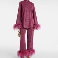 WW | Herbst Winter Feder Stehkragen Langarmoberteil und Hosen Set