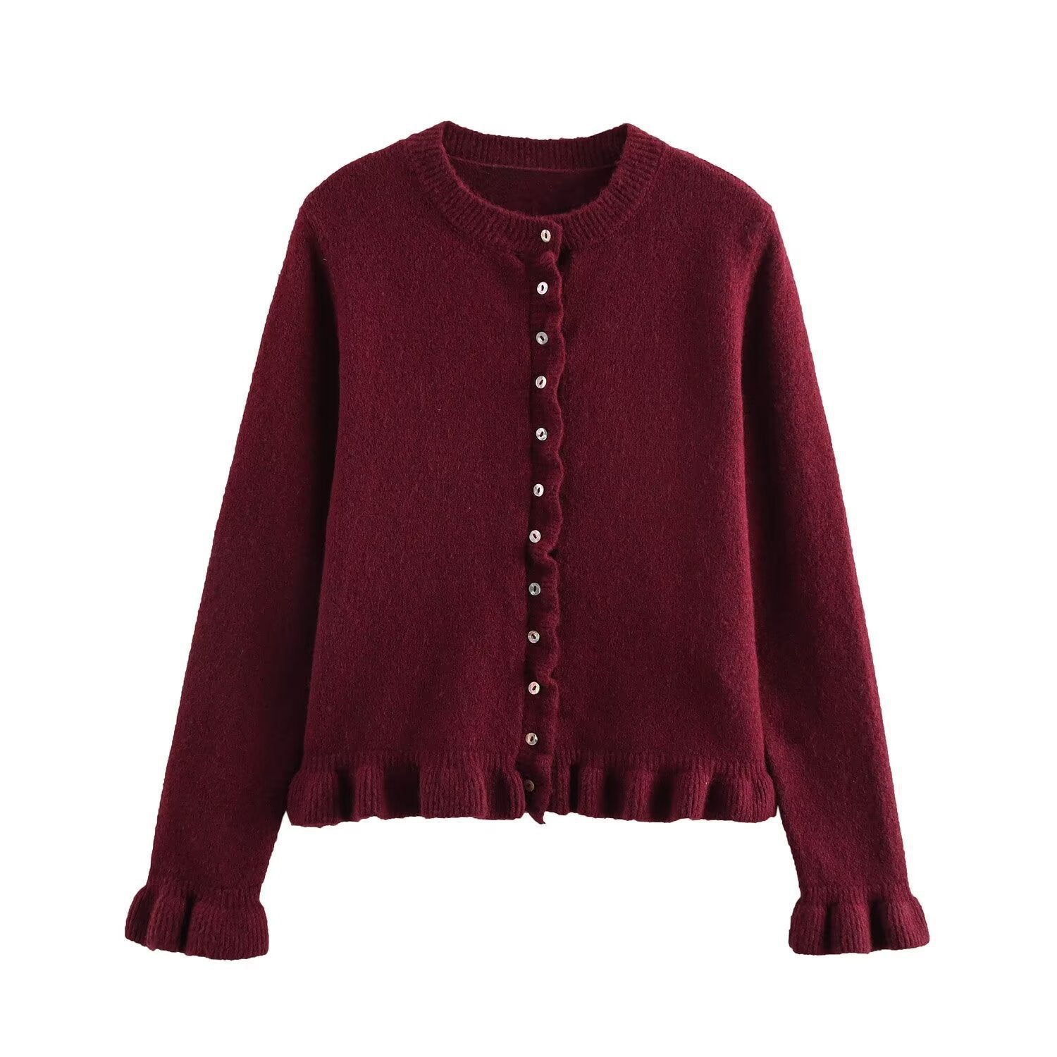 Damen Strickjacke mit dekorativem Rüschensaum und Knopfverschluss WW