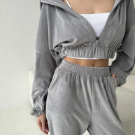 Damen sportlich-eleganter Fleece-Trainingsanzug mit hoher Taille und Reißverschluss WW