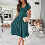 Damen elegantes Wickelkleid mit bezaubernden Puffärmeln WW