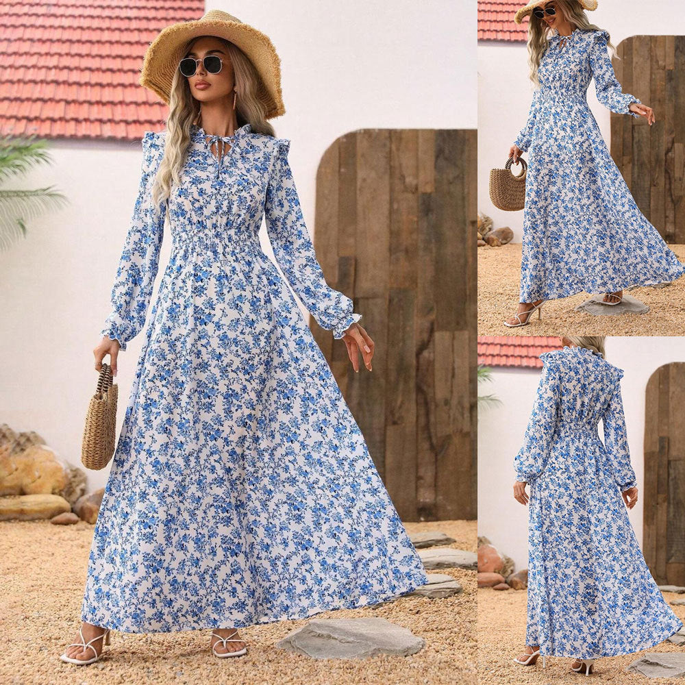 W&W Mode | Floral Lange Ärmel Elegantes Frauen Lang Kleid