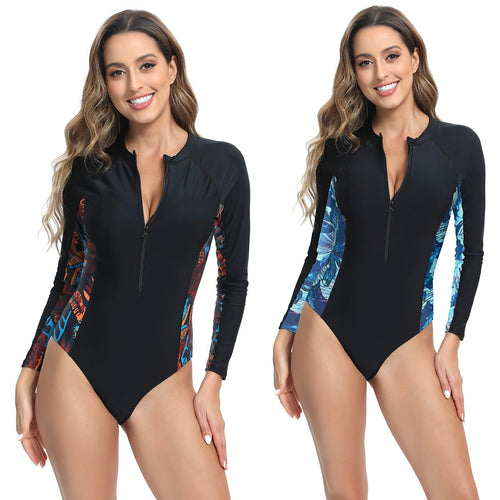 WW | Damen Langärmeliger Surfanzug mit sportlichem Reißverschluss und trendigem Mustermix