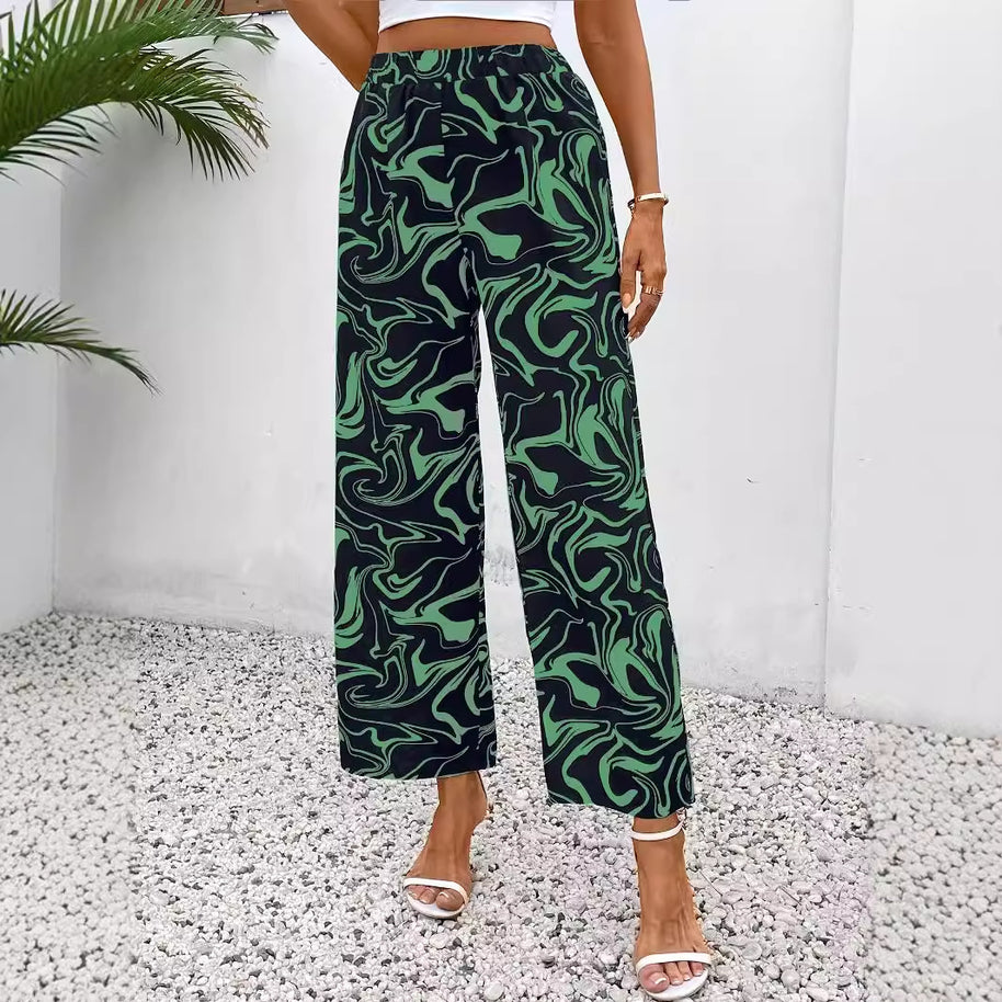 Damen Weite Palazzo-Hose mit modernem Marmorprint und elastischem Bund WW