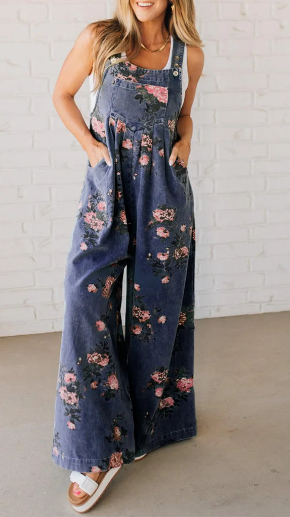 Damen lässiger Jeansoverall mit floralen Details und praktischen Taschen WW