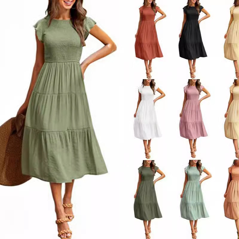 Damen Midi-Kleid mit elastischem Oberteil und voluminösem Saum WW