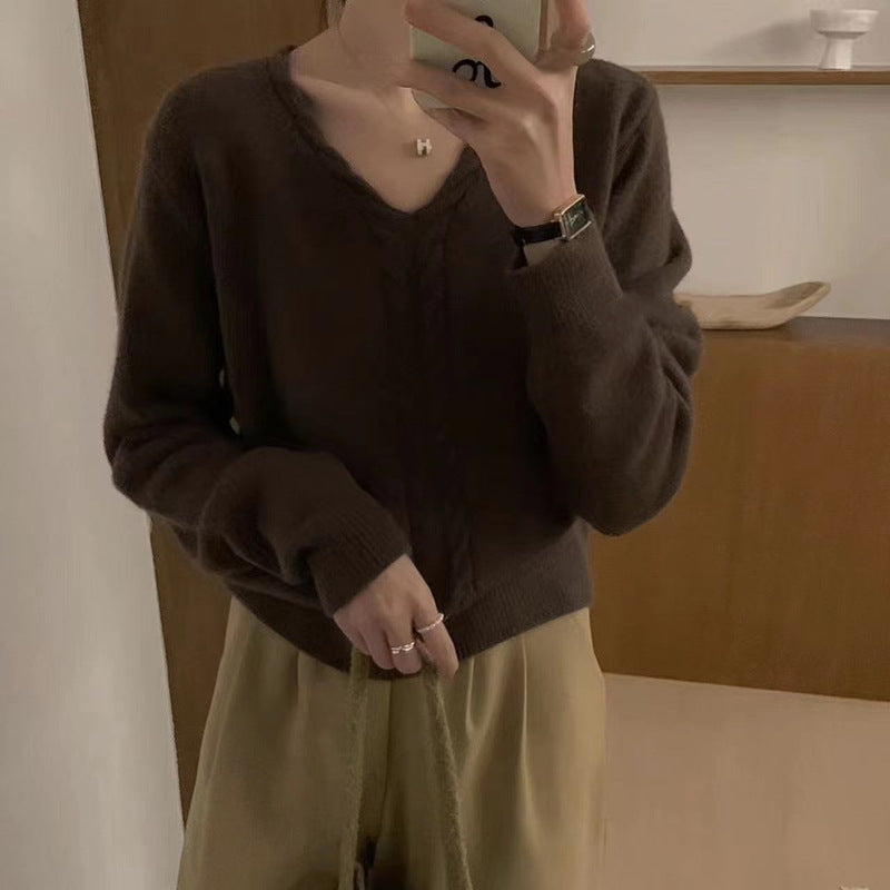 Damen Strickpullover mit V-Ausschnitt und Zopfmuster WW