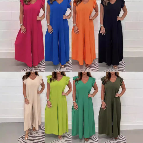 Damen gehobener Jumpsuit mit voluminösen Rüschenärmeln und V-Ausschnitt WW