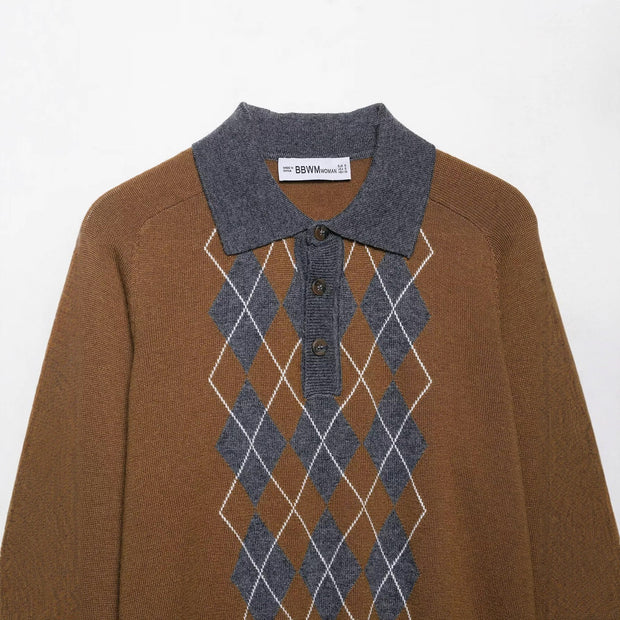 Damen Pullover mit klassischem Polokragen und modernem Rautenmuster WW