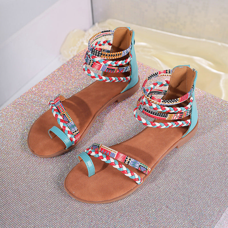 Damen Flotte Binde-Sandalen mit modischem Ethnomuster und atmungsaktiver Sohle WW