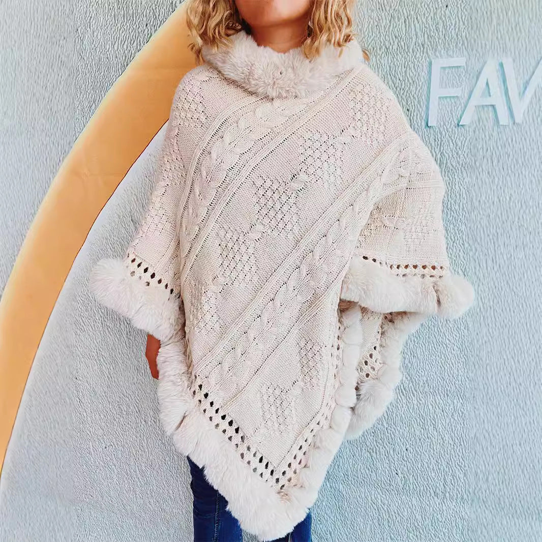 Damen Strickponcho mit dekorativem Kragen und gefüttertem Saum WW