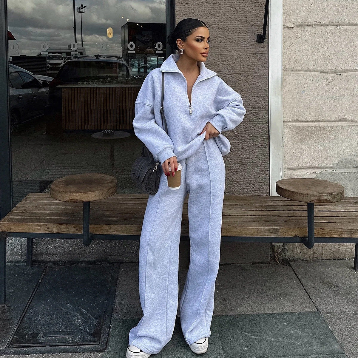Damen bequemer Fleece-Athleisure-Anzug mit Stehkragen und Reißverschluss WW