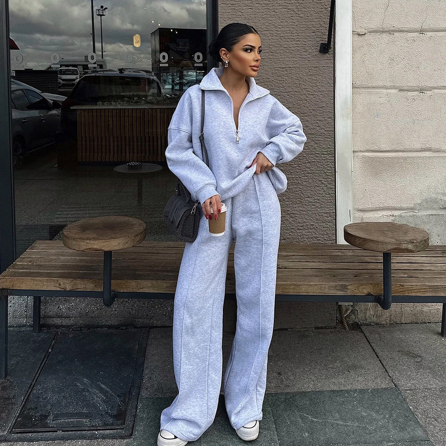 Damen bequemer Fleece-Athleisure-Anzug mit Stehkragen und Reißverschluss WW