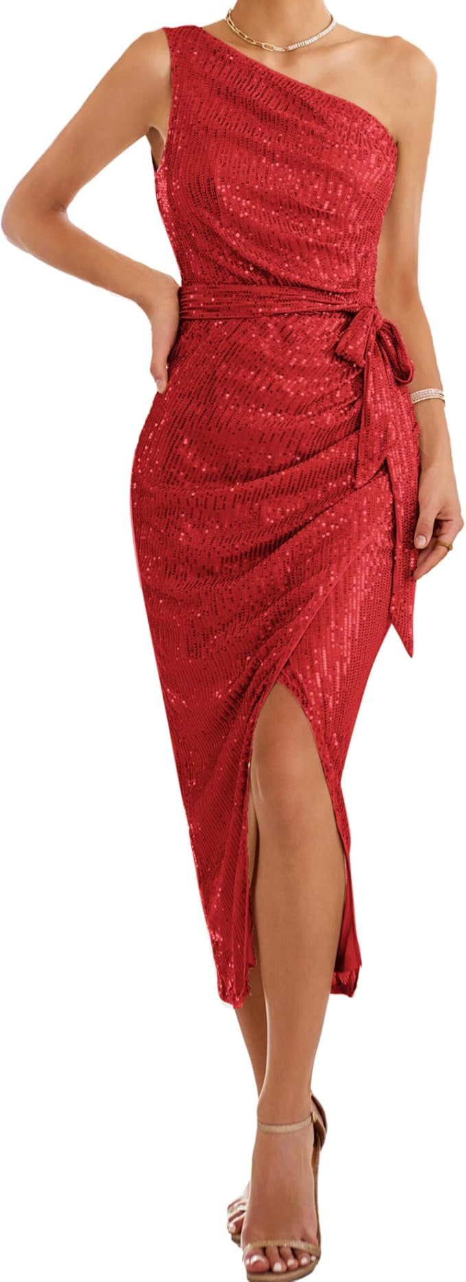 Damen asymmetrisches Abendkleid mit Pailletten und hohem Schlitz WW
