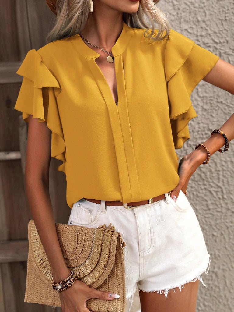 Damen elegante Bluse mit Rüschendetails und Knopfleiste WW