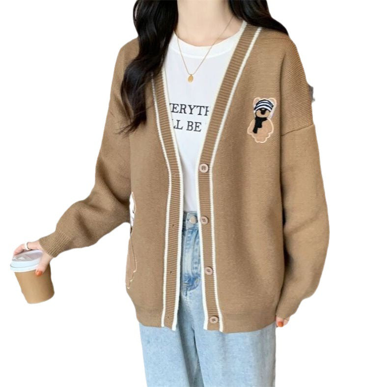 Damen Strickjacke mit Bärenapplikationen und Kontrastdetails WW