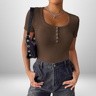 Damen Kurzarm Bodysuit mit Knopfdetails und figurbetonter Silhouette WW