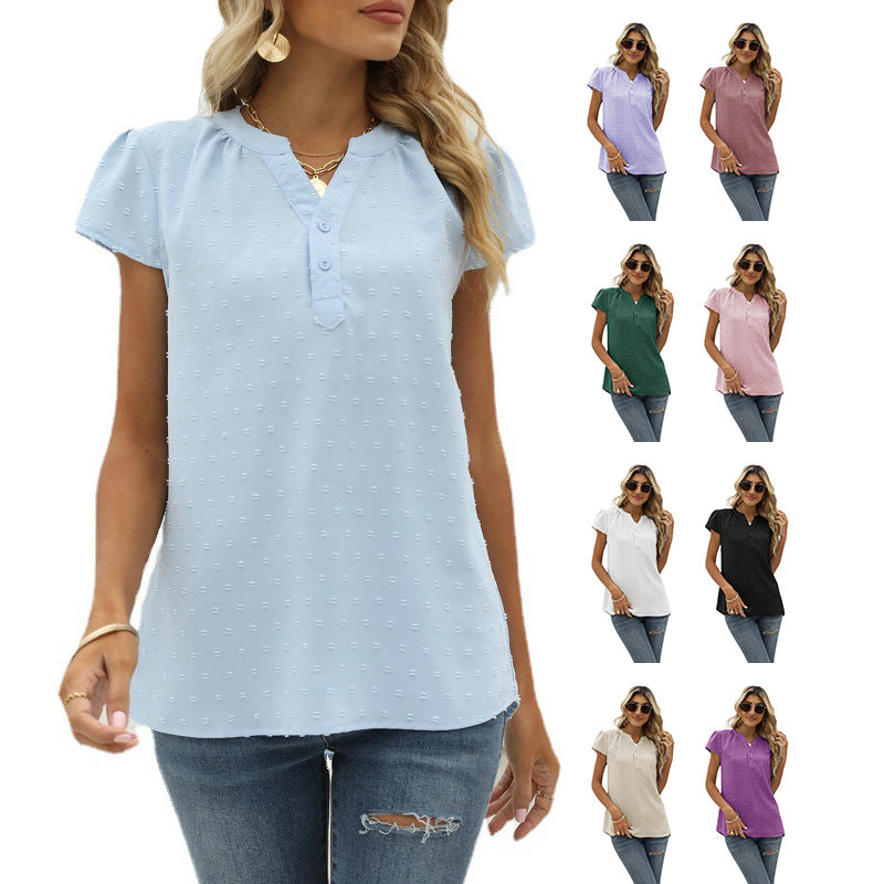 WW | Jacquard Chiffon Locker V-Ausschnitt Kurzarm Top