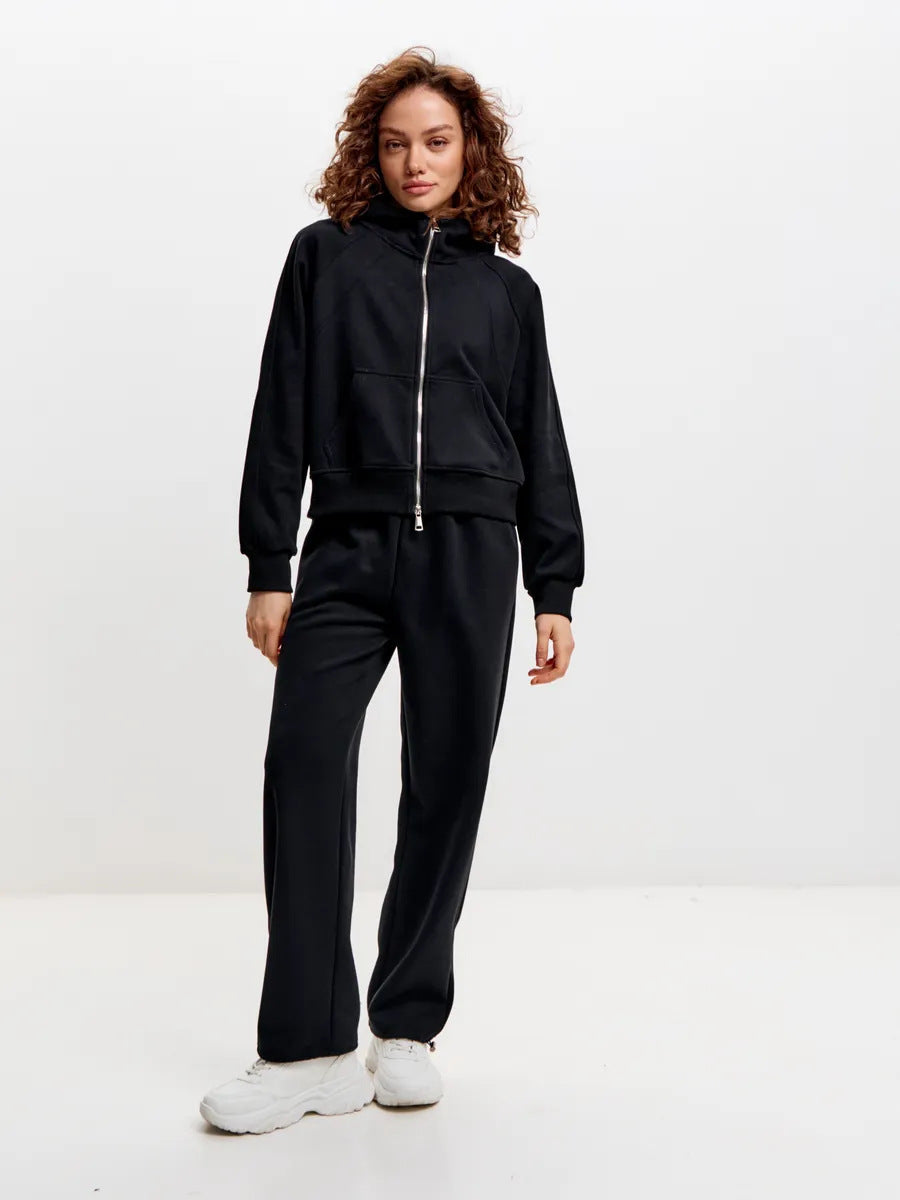 Damen sportliches Fleece-Hoodie-Set mit verschließbarem Reißverschluss WW