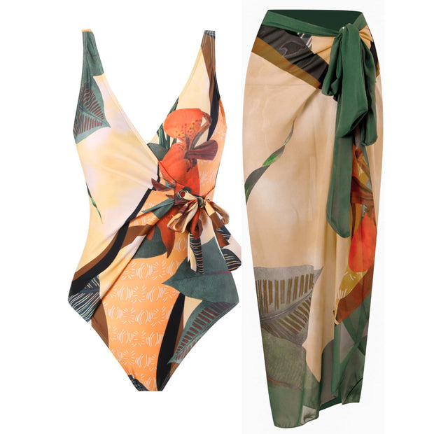 Damen Badeanzug mit floralem Wickelrock und femininem Design WW