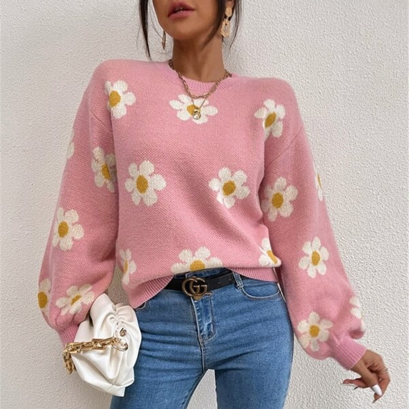 Damen Strickpullover mit verspieltem Blumenmuster und eleganten Puffärmeln WW