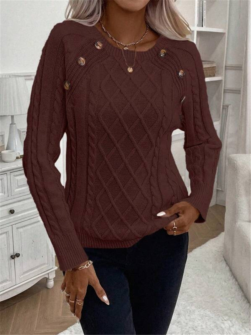 Damen Strickpullover mit strukturiertem Rautenmuster und dekorativen Knöpfen WW