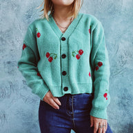 Damen Strickjacke im fröhlichen Kirschmotiv WW