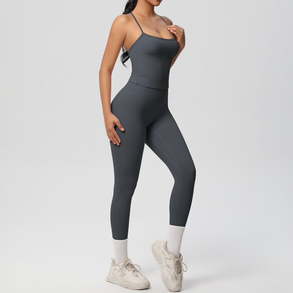 Damen Sportliches Kompressionsoberteil mit Trägern und passender Leggings WW