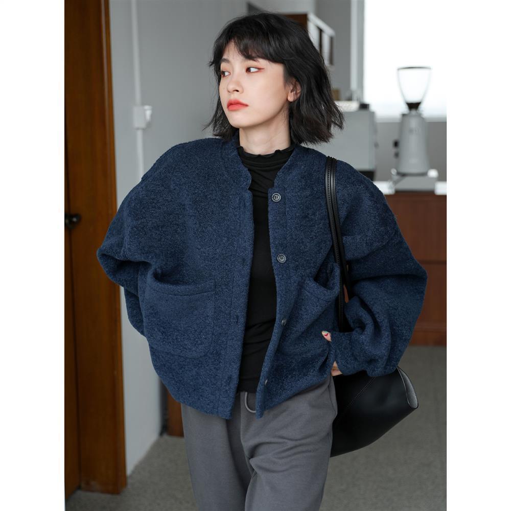 W&W Mode Lässig Lang Ärmel Taschen Blau Jacke