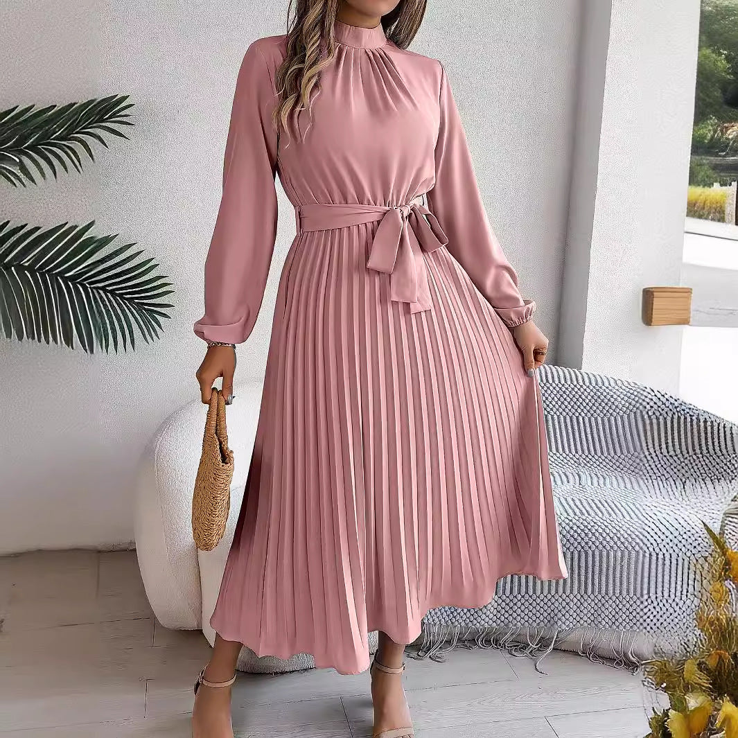 WW | Elegante Stehkragen Taillierter Plissierter Langer Rock kleines Kleid