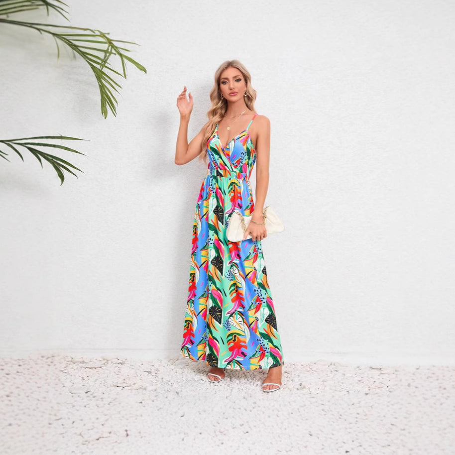 Damen Maxikleid mit zartem V-Ausschnitt und buntem Pflanzenmuster WW