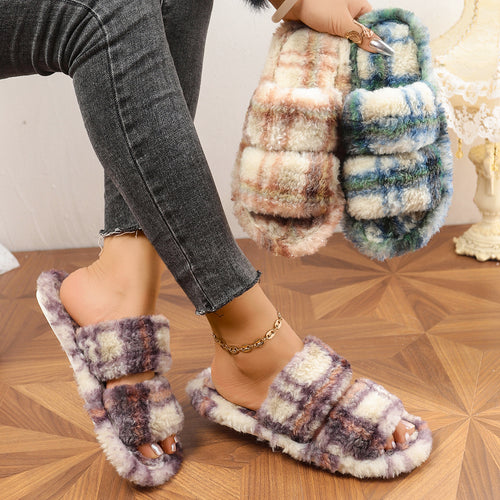 Damen bequeme Hausschuhe aus flauschigem Material mit doppeltem Riemen WW