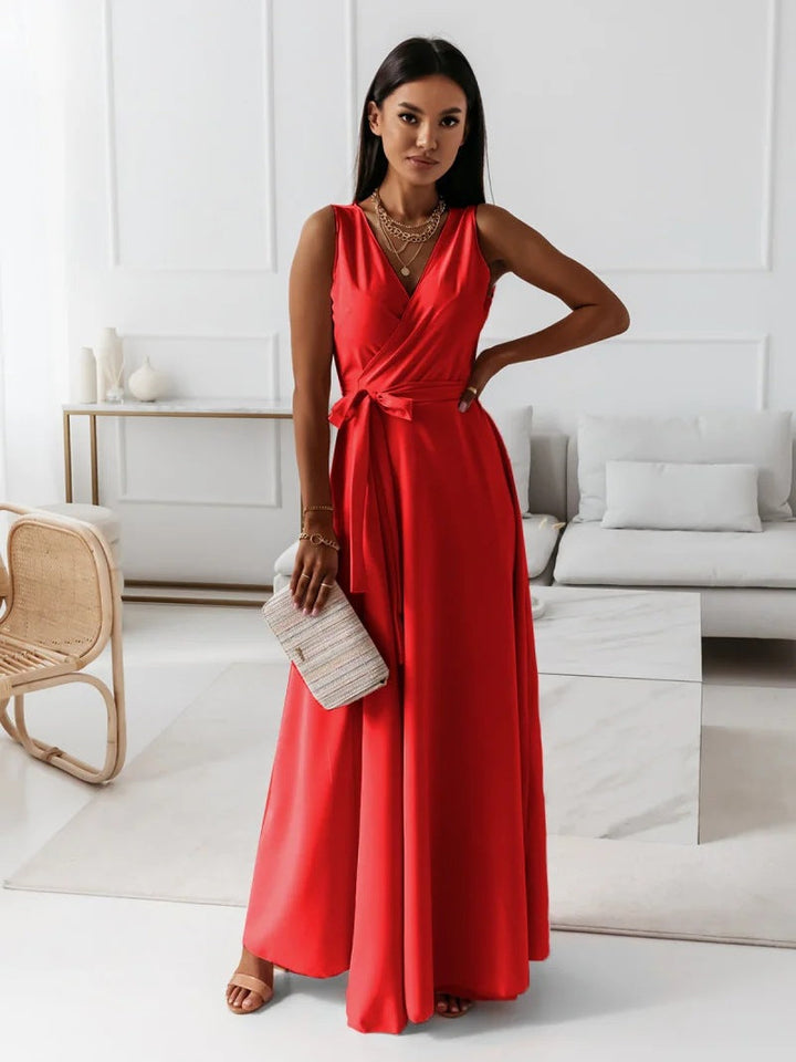 W&W Mode | Damen schlichtes langes Kleid mit V-Ausschnitt