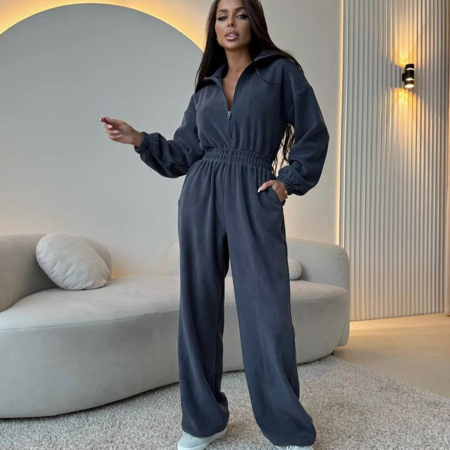 Damen eleganter Jumpsuit mit kurzem Reißverschluss und elastischem Bund WW