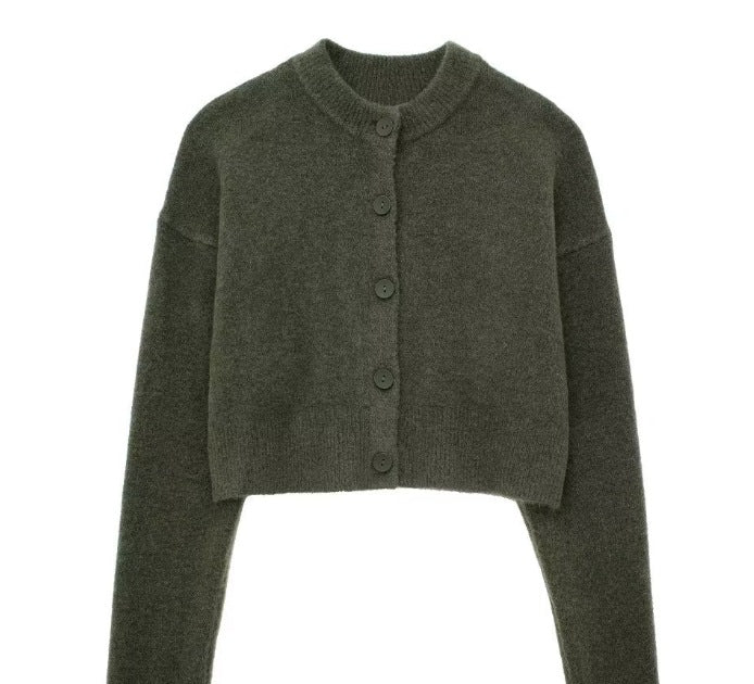 Damen kurze Strickjacke mit Knopfleiste und elegantem Rundhalsausschnitt WW