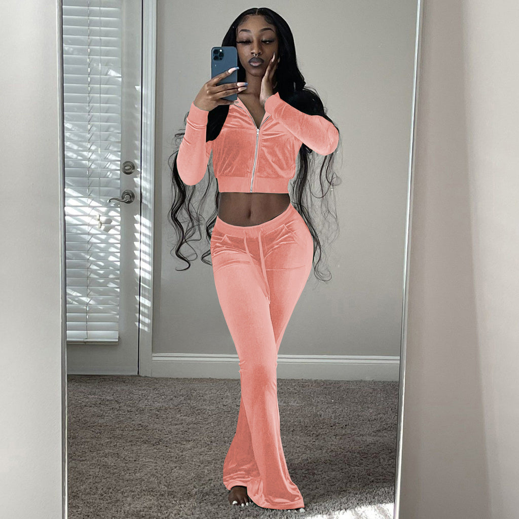 Damen Velours Tracksuit mit Zip-Front und weit geschnittener Hose WW