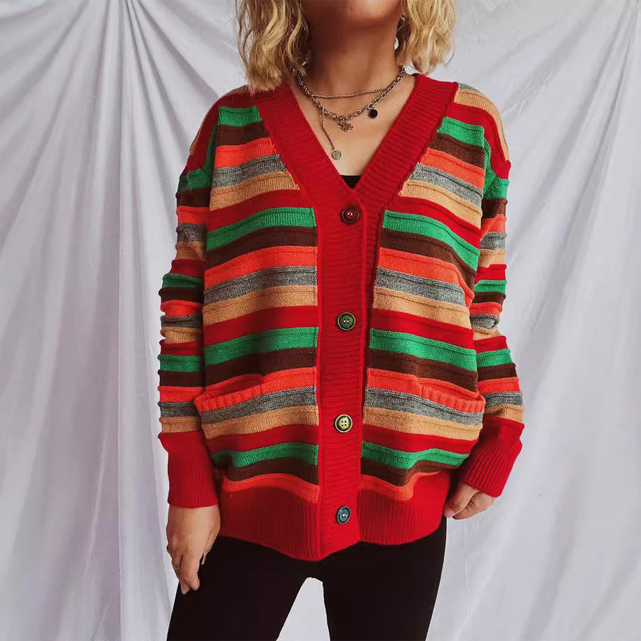 Damen Strickjacke mit buntem Streifenmuster und knöpfbarem Design WW