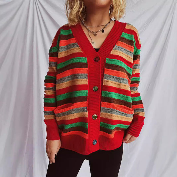 Damen Strickjacke mit buntem Streifenmuster und knöpfbarem Design WW