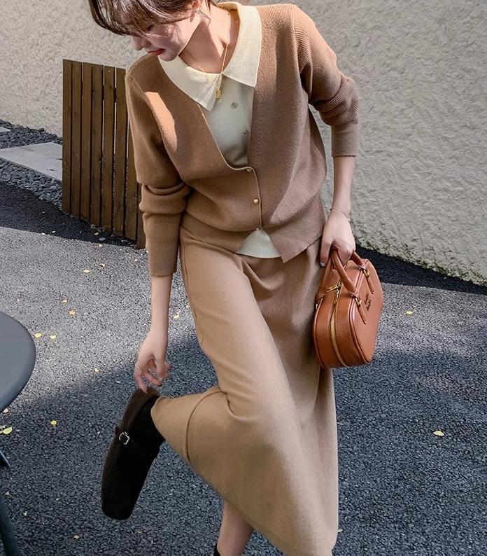 Damen Strickensemble mit eleganter Blusenoptik und weitem Rock WW