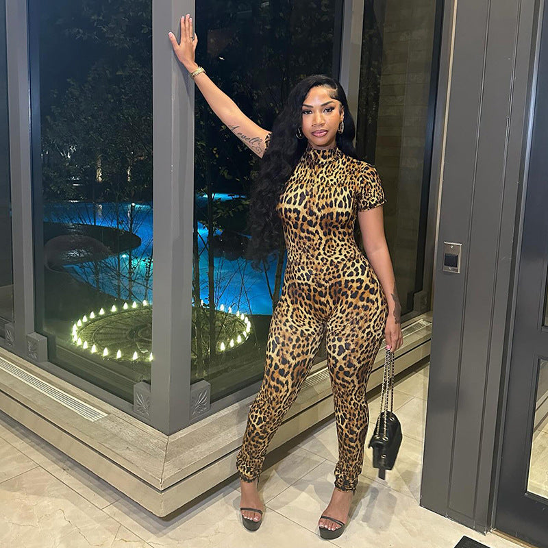 Damen Cat Suit mit Leopardenmuster und hochgeschlossenem Kragen WW