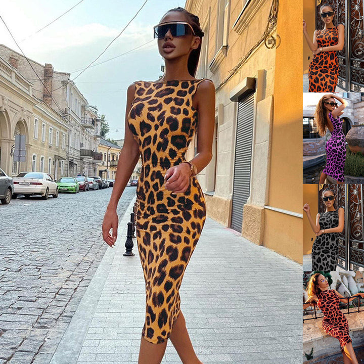 W&W Mode Damen figurbetontes Kleid mit modischem Leopardenmuster und schulterfreier Optik