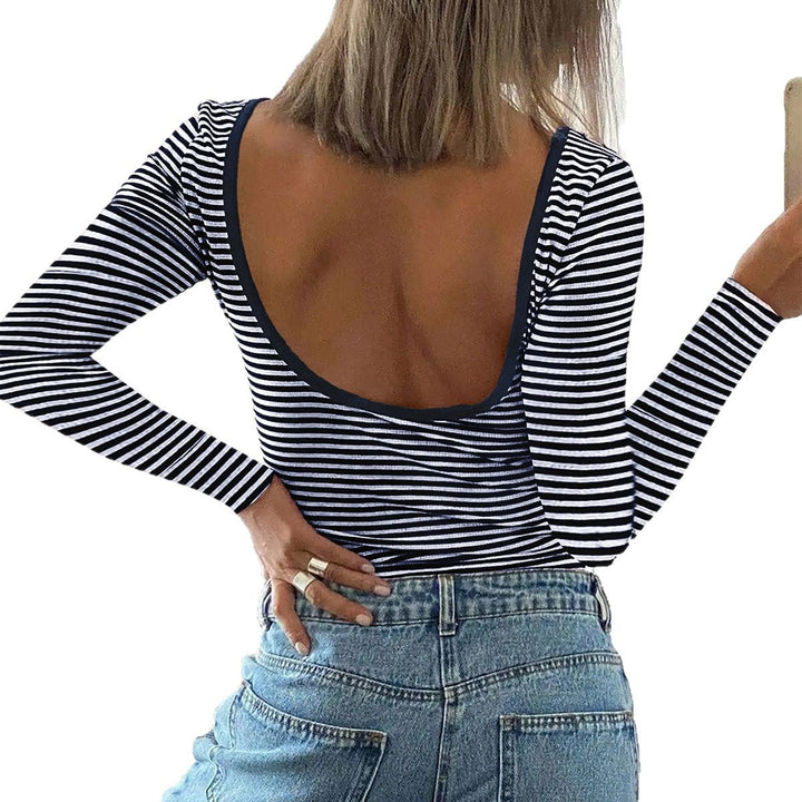 Damen Langarm-Body mit tiefem Rückenausschnitt und gestreiftem Design W&W Mode