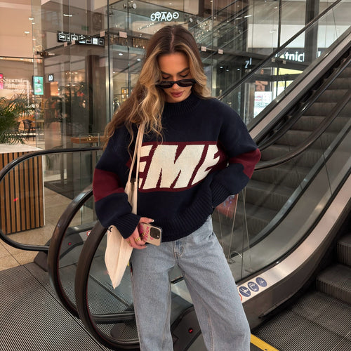 Damen sportlicher Strickpullover mit kreativem Grafikdesign und lässigem Schnitt WW