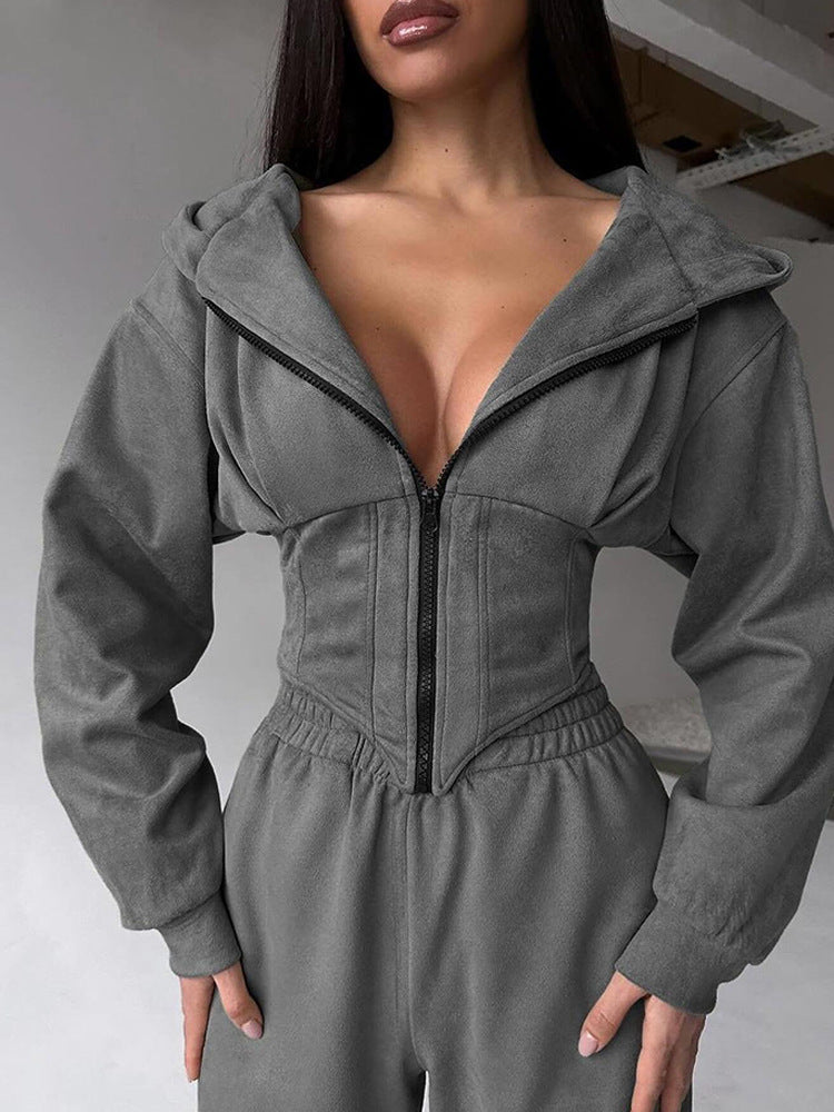 Damen sportlicher Jumpsuit mit Reißverschluss und Kapuze WW