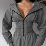 Damen sportlicher Jumpsuit mit Reißverschluss und Kapuze WW