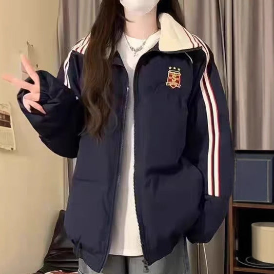 Damen Sportliche Pufferjacke mit kontrastierenden Streifen und hohem Kragen WW