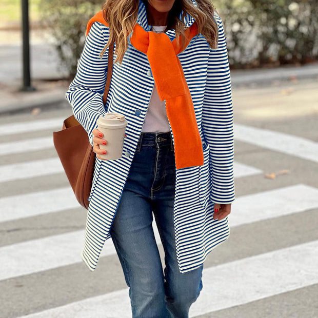 Damen gestreifter Trenchcoat mit modischem Schal und hoher Funktionalität WW